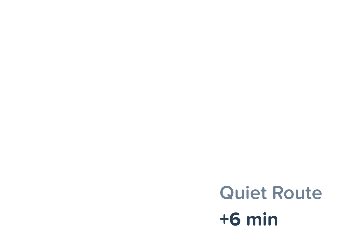 Two conceptual cycling routes are shown, one is highlighted and labelled ‘Quiet Route, plus 6 minutes’