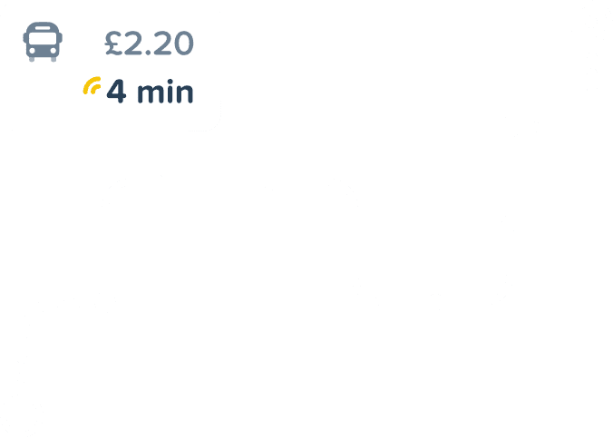 Two conceptual public transport routes are shown, one is highlighted and labelled ‘Bus, £2.20, departing in 4 minutes’